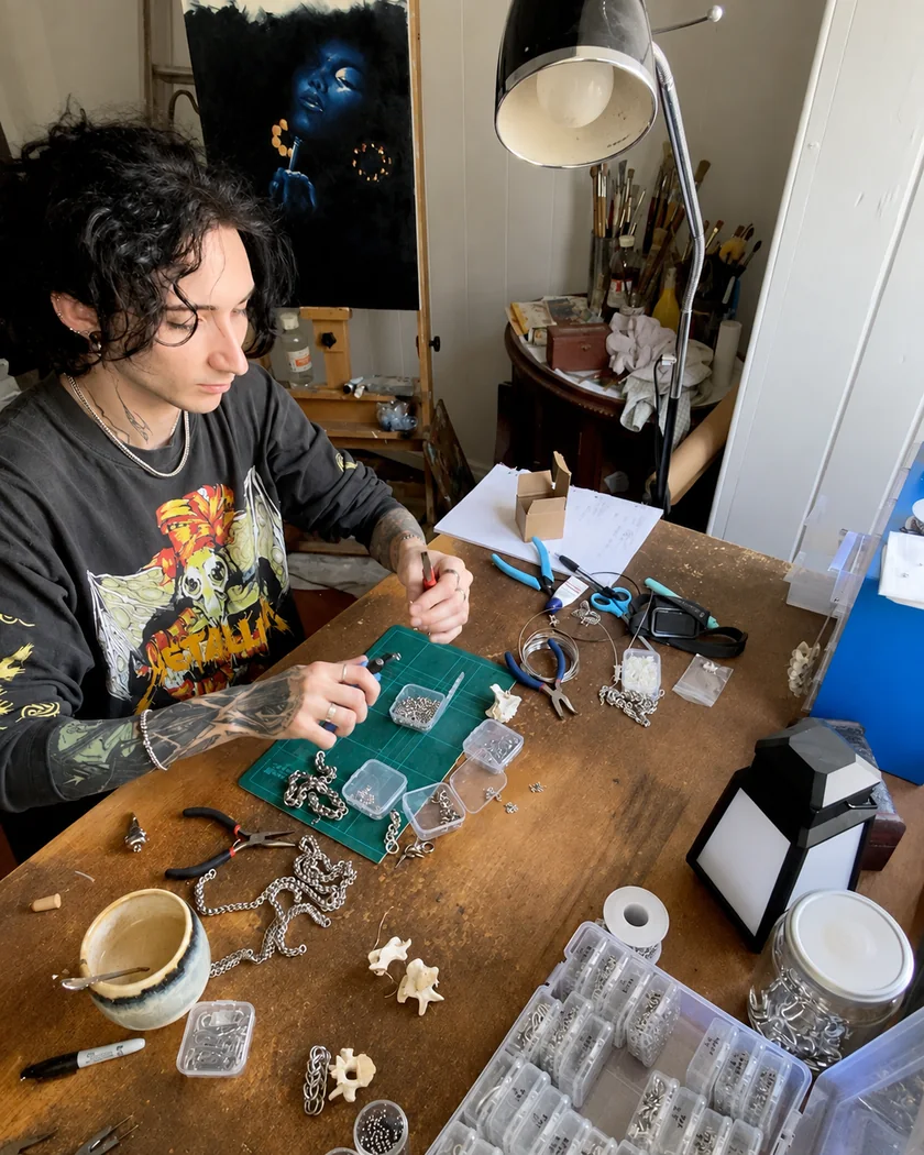 The maker working on chainmail at a wooden studio bench with pliers, rings and tools.